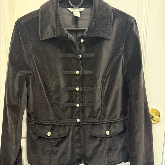 White House Black Market Jackets & Blazers - White House Black Market Black Velvet Military Ruffle Trim Jacket